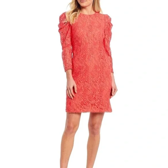 Vince Camuto Bright Coral Red Puff Sleeve MIDI Dress NWT - Picture 1 of 13